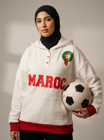 Sweat à Capuche Maroc Unisexe – Blanc & Rouge – Collection Officielle