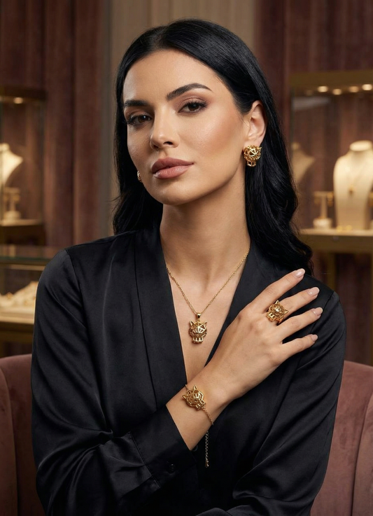 💎 Parure Bijoux Panthère Or Acier Inoxydable | Ensemble Collier, Bague, Boucles d'oreilles & Bracelet
