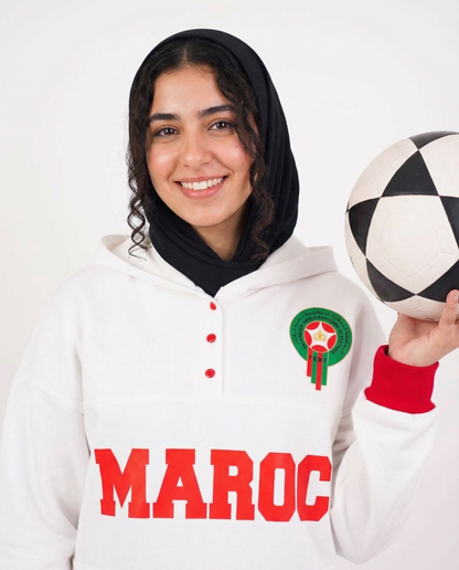 Sweat à Capuche Maroc Unisexe – Blanc & Rouge – Collection Officielle