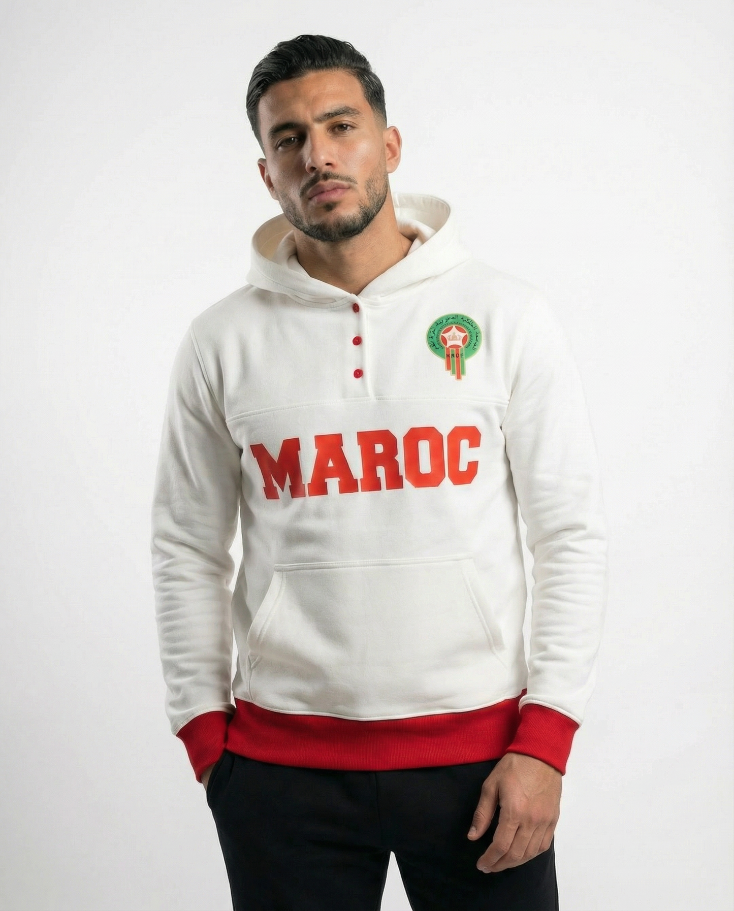 Sweat à Capuche Maroc Unisexe – Blanc & Rouge – Collection Officielle