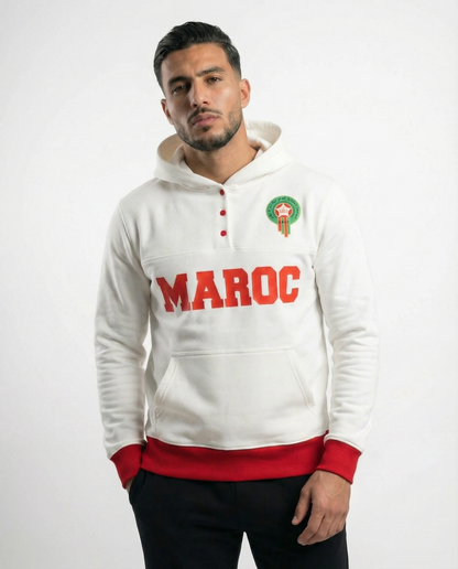 Sweat à Capuche Maroc Unisexe – Blanc & Rouge – Collection Officielle