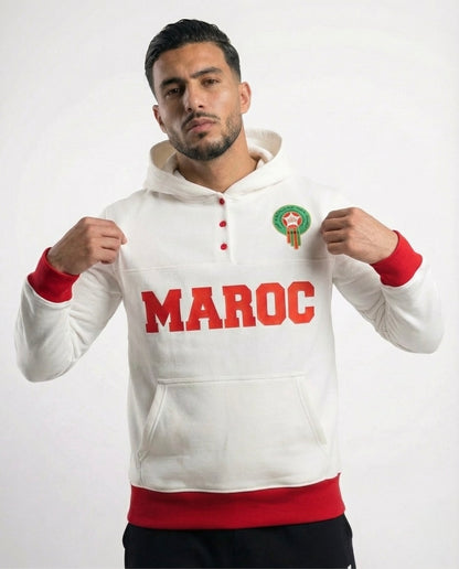 Sweat à Capuche Maroc Unisexe – Blanc & Rouge – Collection Officielle