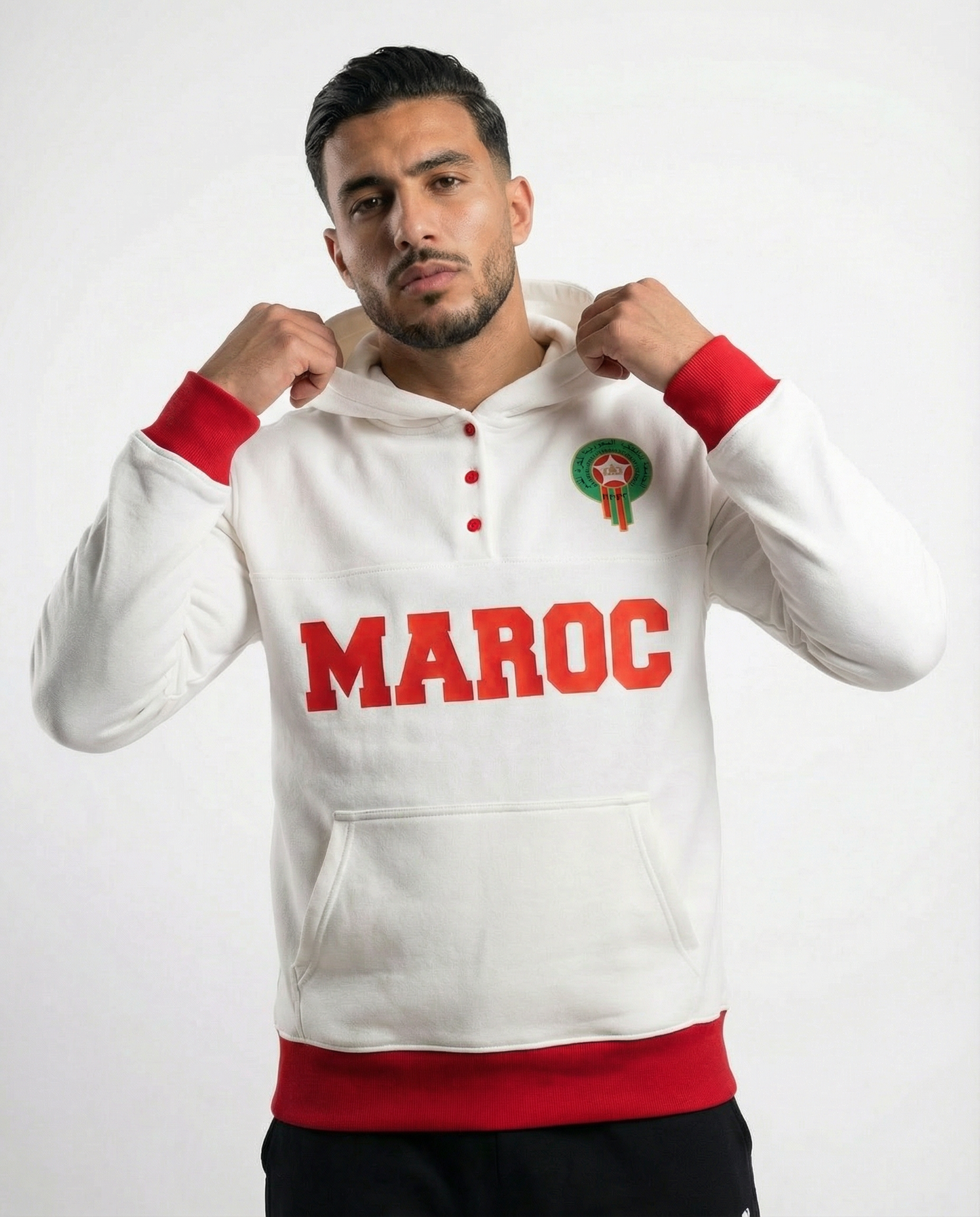 Sweat à Capuche Maroc Unisexe – Blanc & Rouge – Collection Officielle