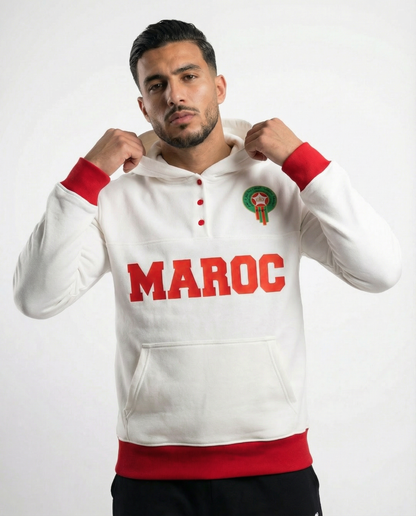 Sweat à Capuche Maroc Unisexe – Blanc & Rouge – Collection Officielle