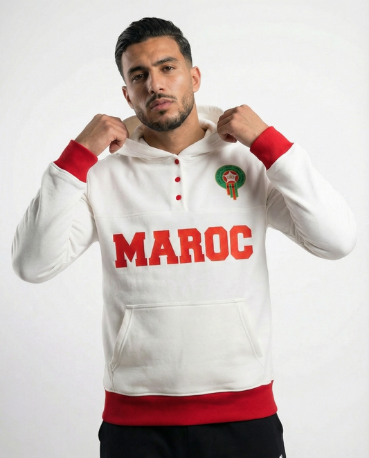 Sweat à Capuche Maroc Unisexe – Blanc & Rouge – Collection Officielle