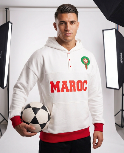 Sweat à Capuche Maroc Unisexe – Blanc & Rouge – Collection Officielle