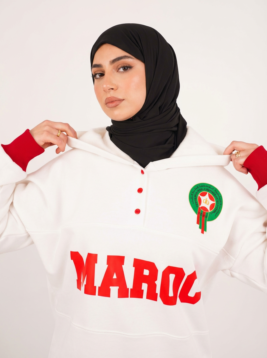 Sweat à Capuche Maroc Unisexe – Blanc & Rouge – Collection Officielle