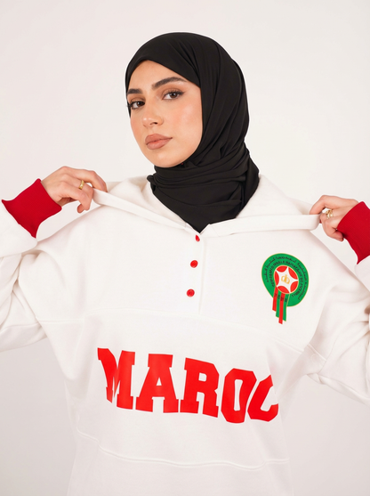 Sweat à Capuche Maroc Unisexe – Blanc & Rouge – Collection Officielle