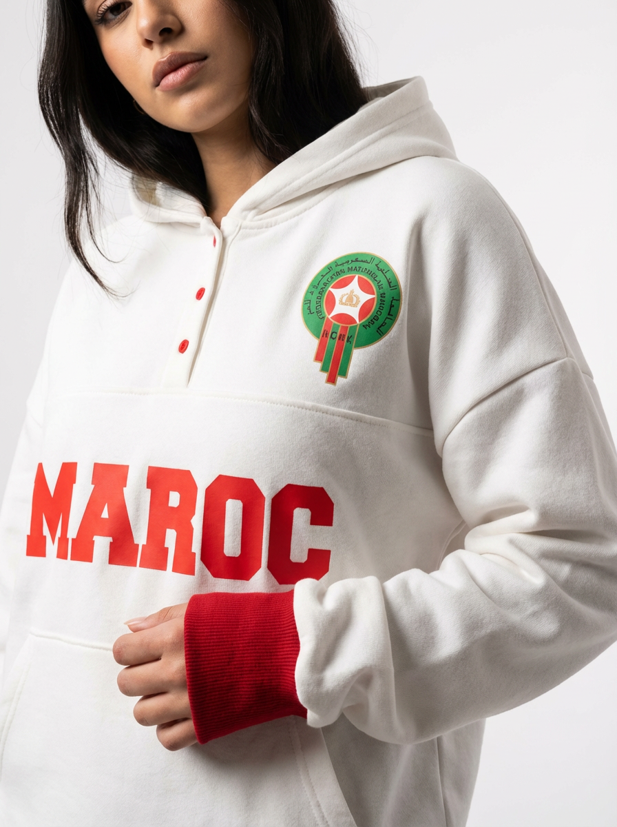 Sweat à Capuche Maroc Unisexe – Blanc & Rouge – Collection Officielle