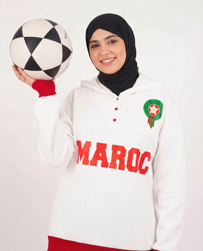 Sweat à Capuche Maroc Unisexe – Blanc & Rouge – Collection Officielle