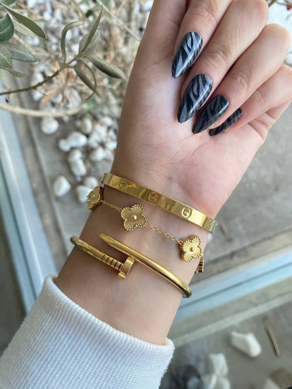💎 Le Trio "Signature" – Bracelets Trèfle & Joncs Dorés