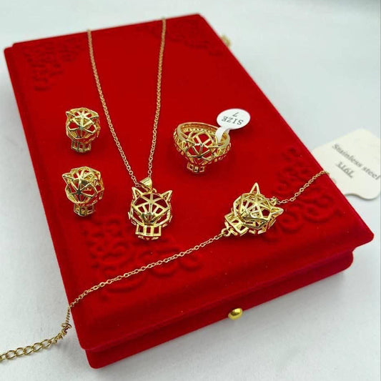 💎 Parure Bijoux Panthère Or Acier Inoxydable | Ensemble Collier, Bague, Boucles d'oreilles & Bracelet