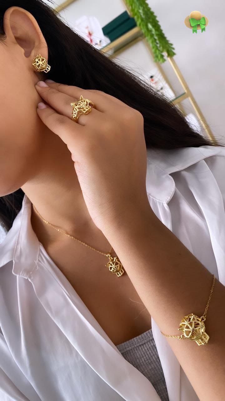 💎 Parure Bijoux Panthère Or Acier Inoxydable | Ensemble Collier, Bague, Boucles d'oreilles & Bracelet